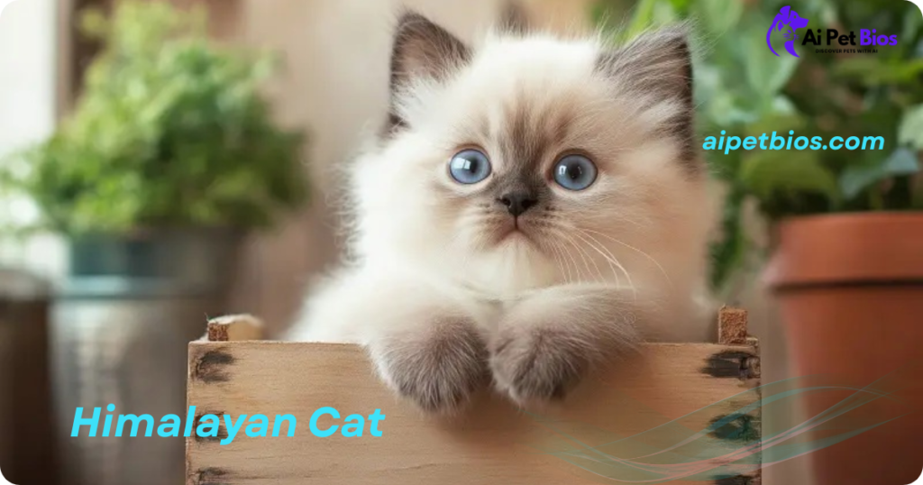 A fluffy Himalayan kitten with striking blue eyes and dark point markings on its ears and paws sits in a wooden box. Overlaid text reads "Himalayan Cat" and "aipetbios.com" with a logo in the top right.