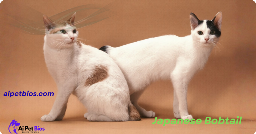 Two white Japanese Bobtail cats with patches—one brown and one black—posing against a tan background. Text: "Japanese Bobtail" and "aipetbios.com".