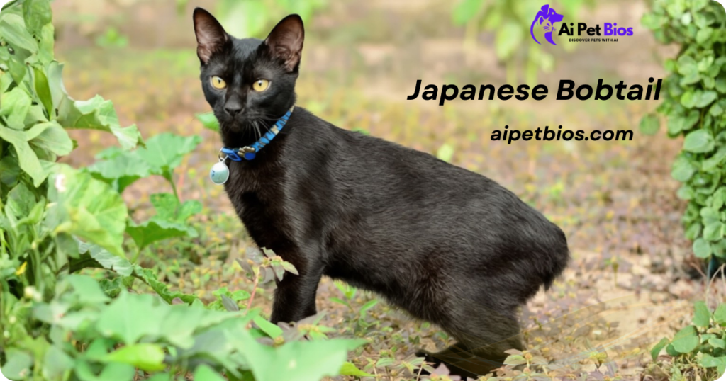A solid black Japanese Bobtail cat wearing a blue collar stands in a garden. Text: "Japanese Bobtail" and "aipetbios.com".