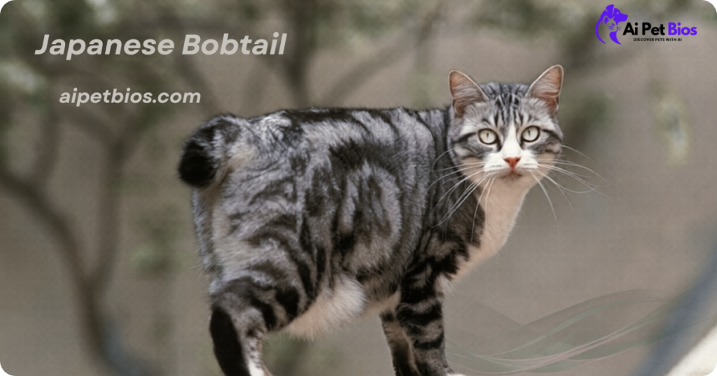 Silver tabby Japanese Bobtail cat with a short, stubby tail. Text: "Japanese Bobtail" and "aipetbios.com."