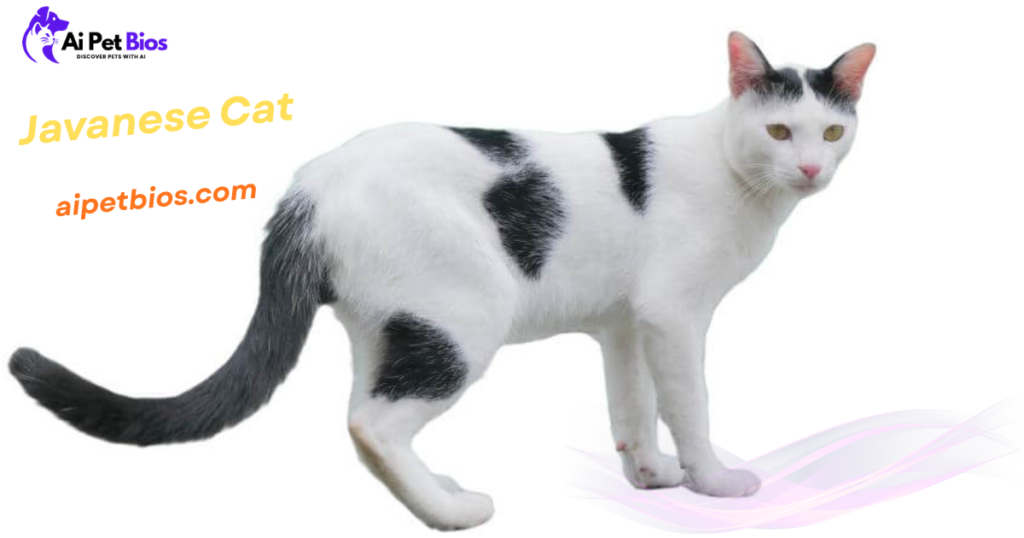 A sleek white Javanese cat with distinct black patches on its head, back, and tail stands against a plain white background. Text: "Ai Pet Bios DISCOVER PETS WITH AI", "Javanese Cat", and "aipetbios.com".