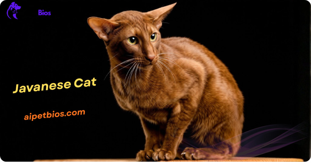 A lithe, dark brown Javanese cat with large ears and yellow eyes sits against a solid black background. Text: "Bios," "Javanese Cat", and "aipetbios.com".
