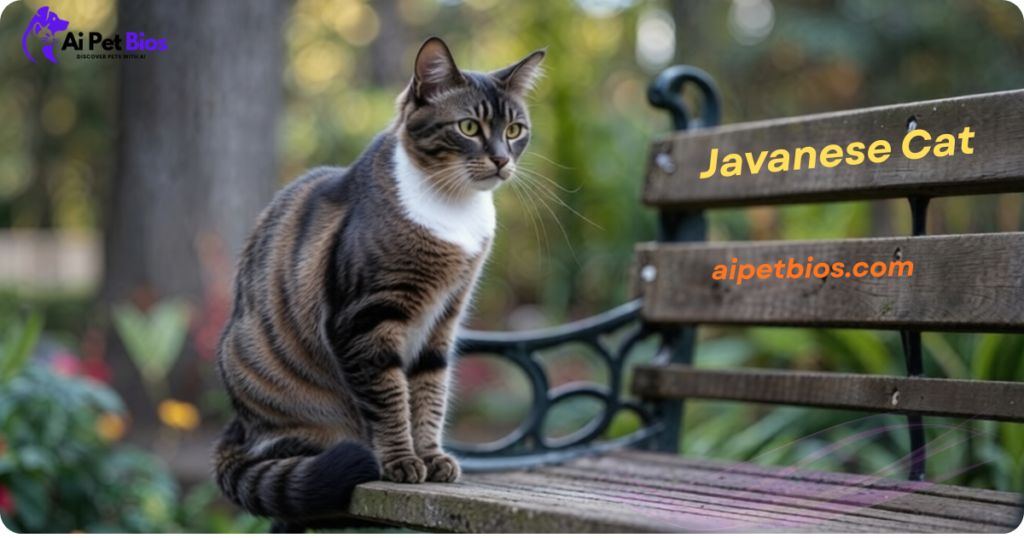 A tabby Javanese cat with a white chest sits on a wooden park bench. Text: "Javanese Cat" and "aipetbios.com"