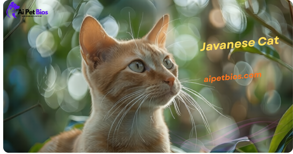 Close-up of a ginger Javanese cat looking up against a bokeh leafy background. Text: "Javanese Cat" and "aipetbios.com"