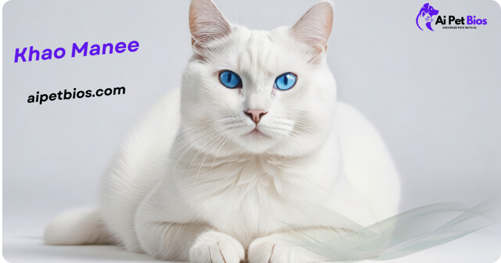 A pure white Khao Manee cat with bright, symmetrical blue eyes lying on a clean white surface. Text: "Khao Manee" and "aipetbios.com" with Ai Pet Bios logo.