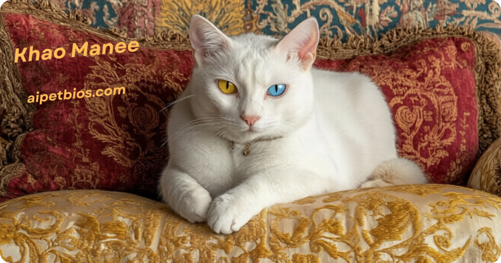 A white Khao Manee cat with odd-colored eyes (yellow and blue) lounging on a decorative, gold-patterned sofa with a red tapestry pillow. Text: "Khao Manee" and "aipetbios.com" with the Ai Pet Bios logo.