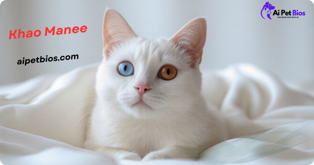 A white Khao Manee cat with odd-colored eyes (blue and amber) nestled in white bedding. Text reads "Khao Manee" and "aipetbios.com" with an Ai Pet Bios logo.