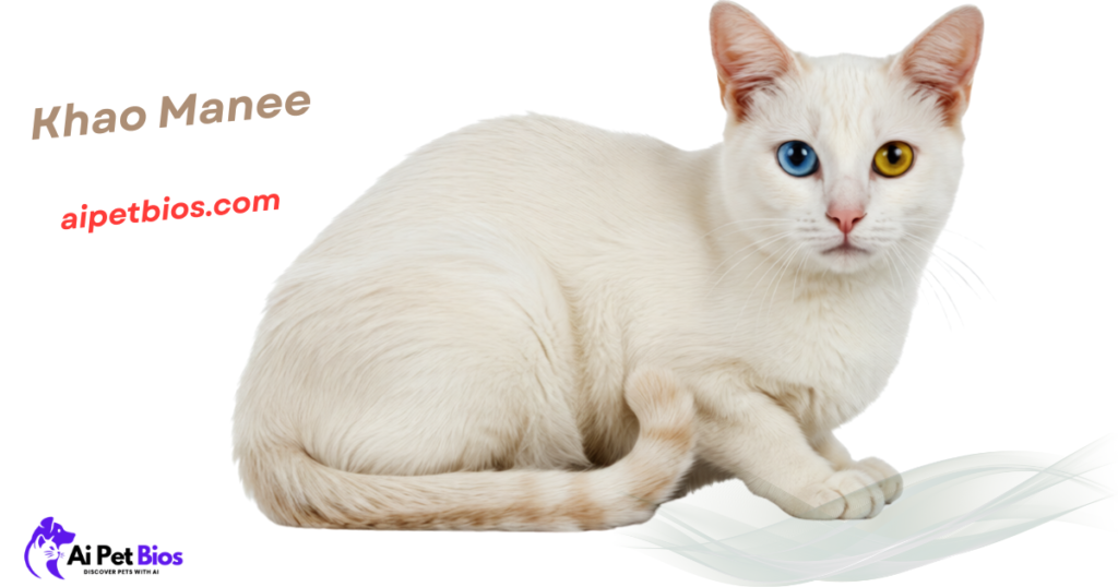 Full-body view of a white Khao Manee cat with one blue and one yellow eye, sitting against a white background. Text: "Khao Manee" and "aipetbios.com" with Ai Pet Bios logo.