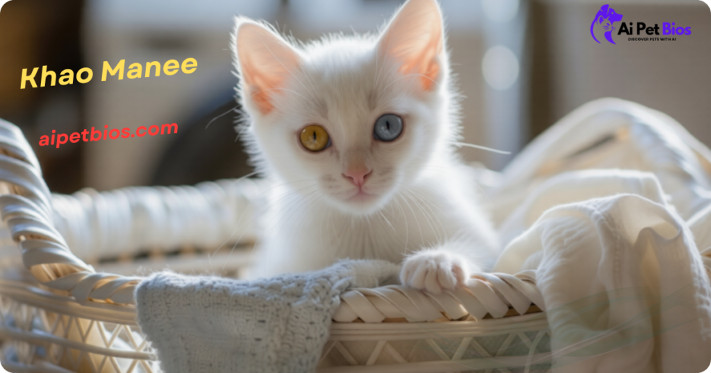 A small white Khao Manee kitten with one yellow eye and one blue eye sitting inside a woven laundry basket filled with white clothes. Text: "Khao Manee" and "aipetbios.com" with Ai Pet Bios logo.