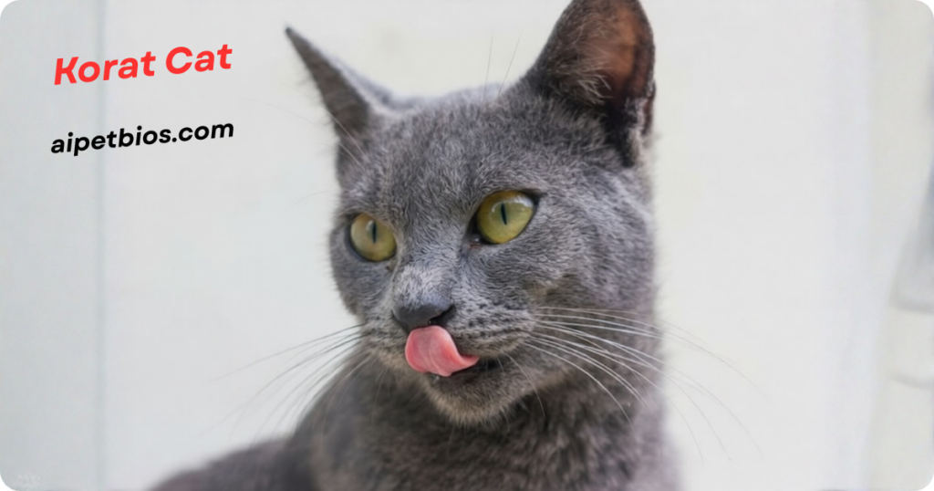 A close-up of a grey Korat cat with green eyes licking its nose with its pink tongue. The text reads "Korat Cat" and "aipetbios.com."