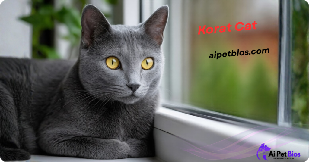 A grey Korat cat with striking yellow eyes sits on a windowsill looking out. Text includes "Korat Cat," "aipetbios.com," and "Ai Pet Bios DISCOVER PETS WITH AI."