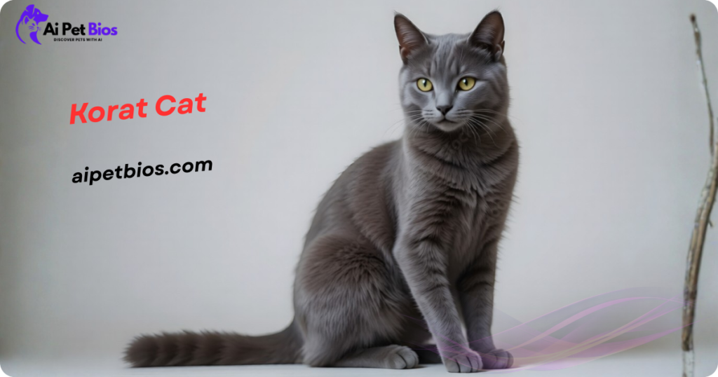 A silver-blue Korat cat with green eyes sits against a white background. The text reads "Korat Cat" and "aipetbios.com."