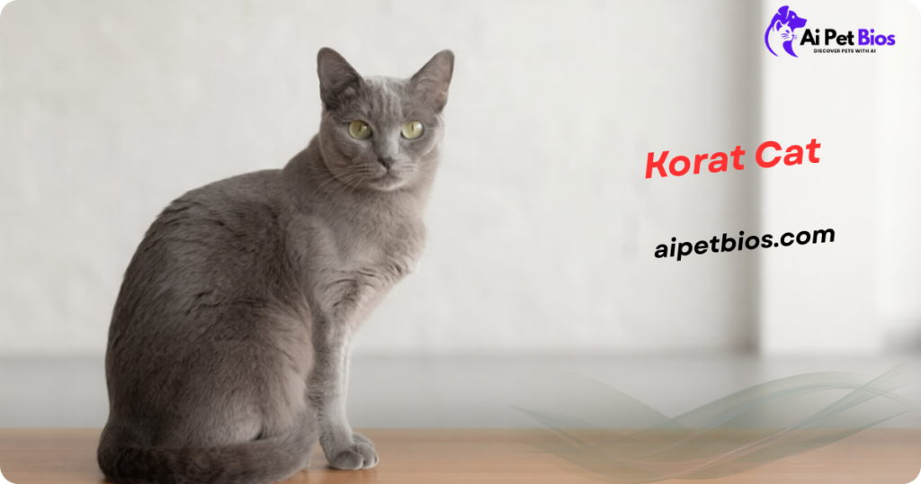 A light grey Korat cat with green eyes sits on a wooden surface against a blurred white wall. Text includes "Korat Cat," "aipetbios.com," and "Ai Pet Bios DISCOVER PETS WITH AI."