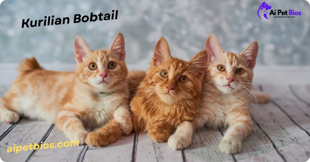 Three ginger Kurilian Bobtail kittens lying side-by-side on a light wood-plank floor. The kitten on the left shows its distinct bobbed tail. Text includes "Kurilian Bobtail" in black at the top, "aipetbios.com" in yellow at the bottom left, and the "Ai Pet Bios" logo in the top right.