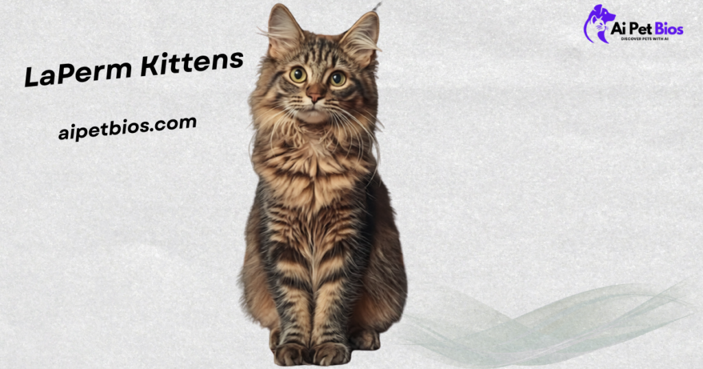A brown tabby LaPerm kitten with large ears and fluffy fur sits against a textured light gray background. To the left, black text reads "LaPerm Kittens" and "aipetbios.com", with the Ai Pet Bios logo in the top right.