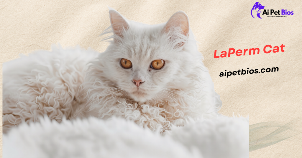 A creamy white LaPerm cat with curly fur and amber eyes. Text reads "LaPerm Cat" and "aipetbios.com" with a logo.