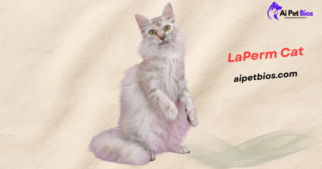 A long-haired, calico-patterned LaPerm cat with wavy fur stands on its hind legs against a beige, textured background. Red and black text to the right reads "LaPerm Cat" and "aipetbios.com".