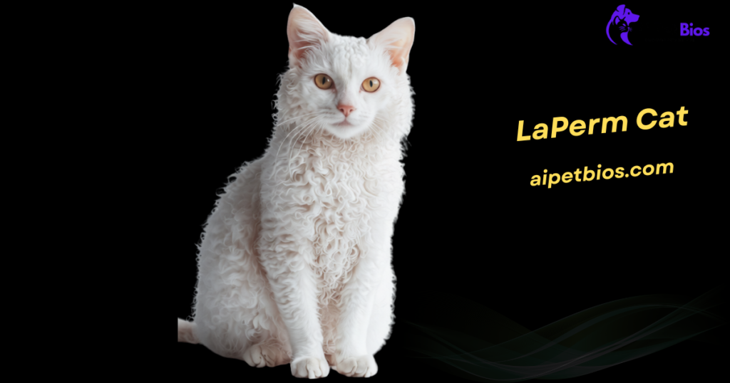 A white LaPerm cat with curly fur and amber eyes sitting against a black background. Text reads "LaPerm Cat" and "aipetbios.com".