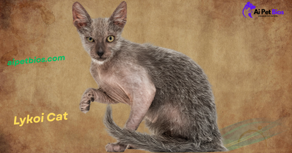 A full-bodied Lykoi cat with distinctive patchy, grizzled grey fur sits against a textured parchment background. The image includes the text "aipetbios.com" in green, "Lykoi Cat" in yellow, and an "Ai Pet Bios" logo in the top right corner.