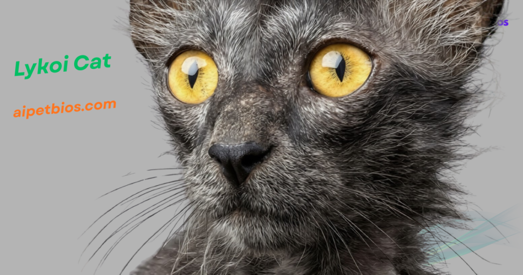 A close-up of a Lykoi cat with sparse, wiry black and grey fur and large, striking yellow eyes. The text "Lykoi Cat" in green and "aipetbios.com" in orange are visible on the left.