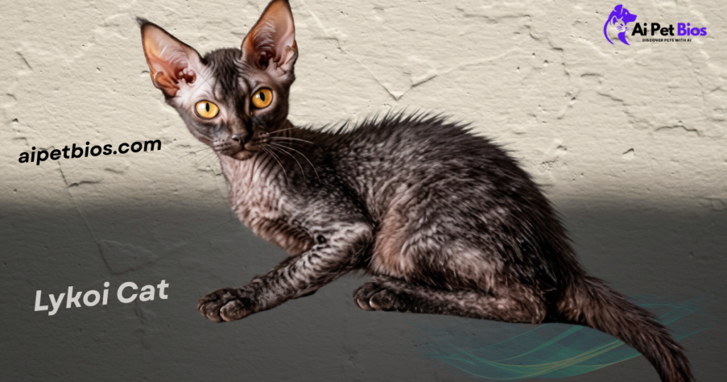 A Lykoi cat with a dark, roan-patterned coat and large yellow eyes crouches against a stucco wall background. The image features the text "aipetbios.com" and "Lykoi Cat" in white on the left, with the "Ai Pet Bios" logo in the upper right.