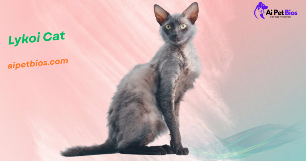 A slender Lykoi cat with a grey, wiry coat sits upright against a pink and teal gradient sky background. The image contains green text "Lykoi Cat", orange text "aipetbios.com", and the "Ai Pet Bios" logo in the top right.