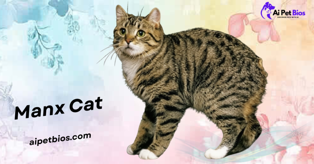 A brown tabby Manx cat with white paws and a rounded rump profile, standing against a floral pastel background. Black text reads "Manx Cat" and "aipetbios.com".