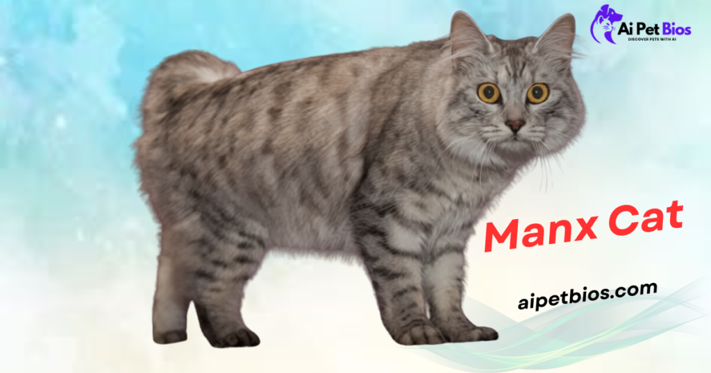 A fluffy grey tabby Manx cat with striking golden eyes and a short bobtail. Red and black text reads "Manx Cat" and "aipetbios.com" against a soft blue and white background.