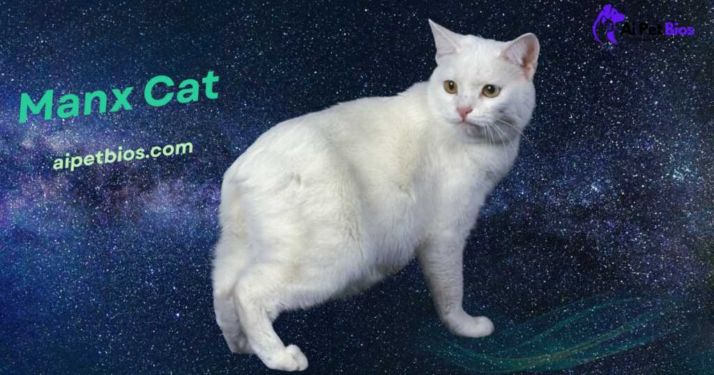 A white, tailless Manx cat standing against a starry galaxy background. Green text reads "Manx Cat" and "aipetbios.com."