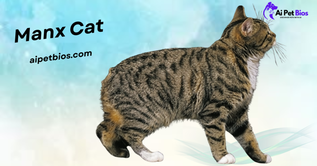 A brown tabby Manx cat with white paws and no tail walking against a light blue background. Black text reads "Manx Cat" and "aipetbios.com."