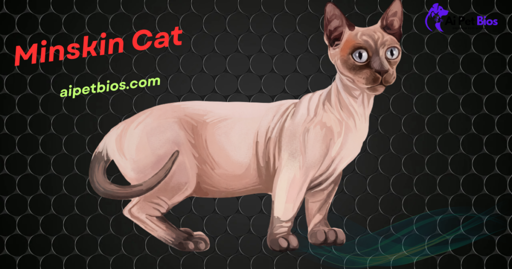 A digital illustration of a hairless, point-colored Minskin cat with short legs against a black honeycomb-patterned background. Bold red and green text reads "Minskin Cat" and "aipetbios.com," with the "Ai Pet Bios" logo.