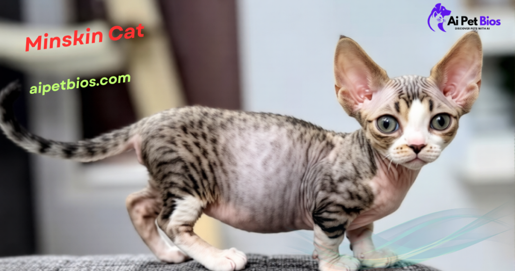 A Minskin kitten with a white face, tabby markings, and very short legs stands on a gray surface. Red and green text in the upper left reads "Minskin Cat" and "aipetbios.com", with the "Ai Pet Bios" logo in the top right corner.
