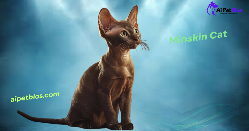 A dark brown Minskin cat with prominent ears sits looking upward against a soft blue, ethereal background. Text includes "Minskin Cat", "aipetbios.com", and an "Ai Pet Bios" logo.
