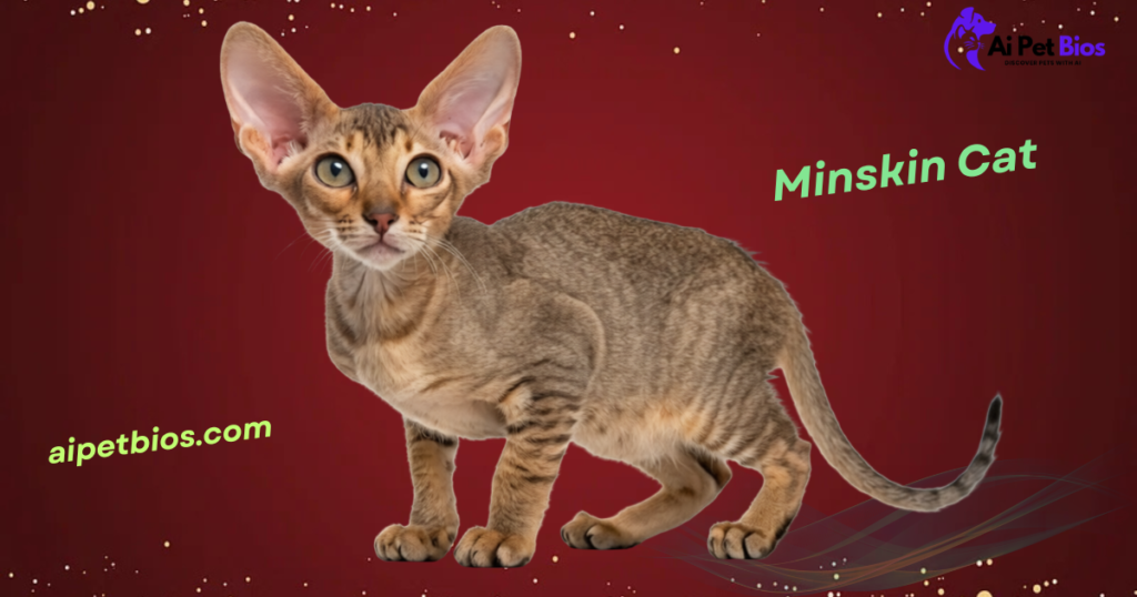 A tabby Minskin cat with large ears and short legs stands against a dark red background with gold sparkles. Text includes "Minskin Cat," "aipetbios.com," and an "Ai Pet Bios" logo.