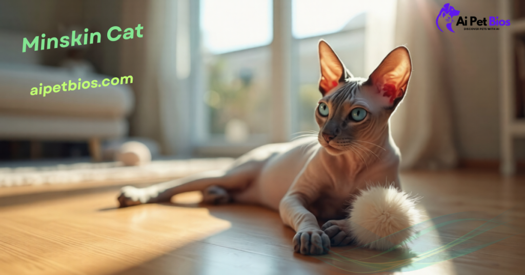 A Minskin cat with blue eyes and short legs rests on a sunlit wooden floor next to a white fluffy toy. The text reads "Minskin Cat" and "aipetbios.com" with an AI Pet Bios logo in the corner.