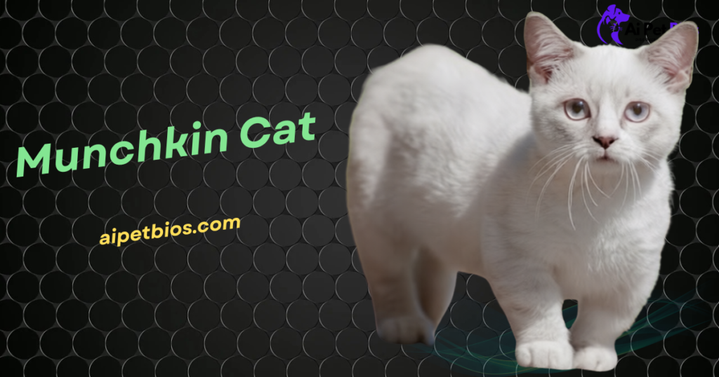 A white Munchkin cat with short legs stands against a black circular-patterned background. The text reads "Munchkin Cat" in green and "aipetbios.com" in yellow.