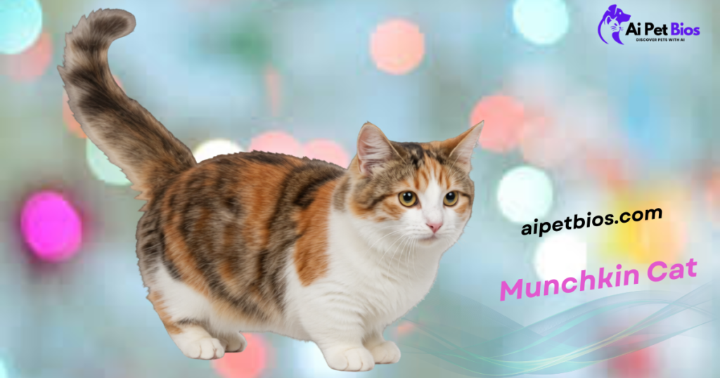 Calico Munchkin cat with short legs and a fluffy tail against a colorful bokeh background. Text reads "aipetbios.com" and "Munchkin Cat".
