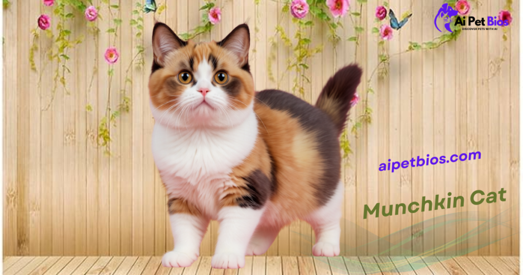 A fluffy calico Munchkin cat with distinct orange, black, and white patches stands on a wooden surface. The background features a wooden fence adorned with pink flowers and green vines. Verbatim text includes "aipetbios.com" in blue and "Munchkin Cat" in green.