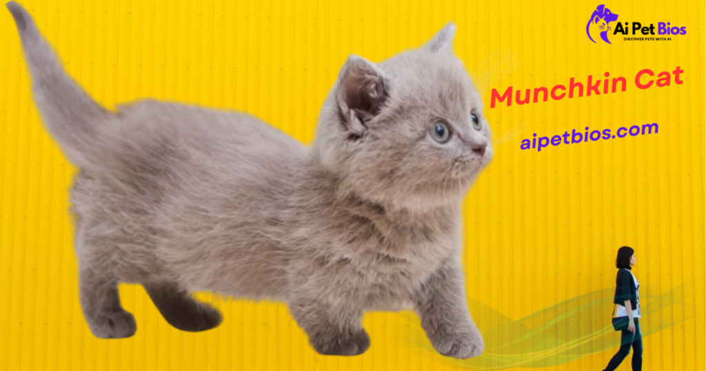 A small, fuzzy grey Munchkin kitten with short legs walks across a bright yellow corrugated background. The Ai Pet Bios logo is in the top right, accompanied by the text "Munchkin Cat" in red and "aipetbios.com" in blue. A small silhouette of a person walking is visible in the bottom right corner.