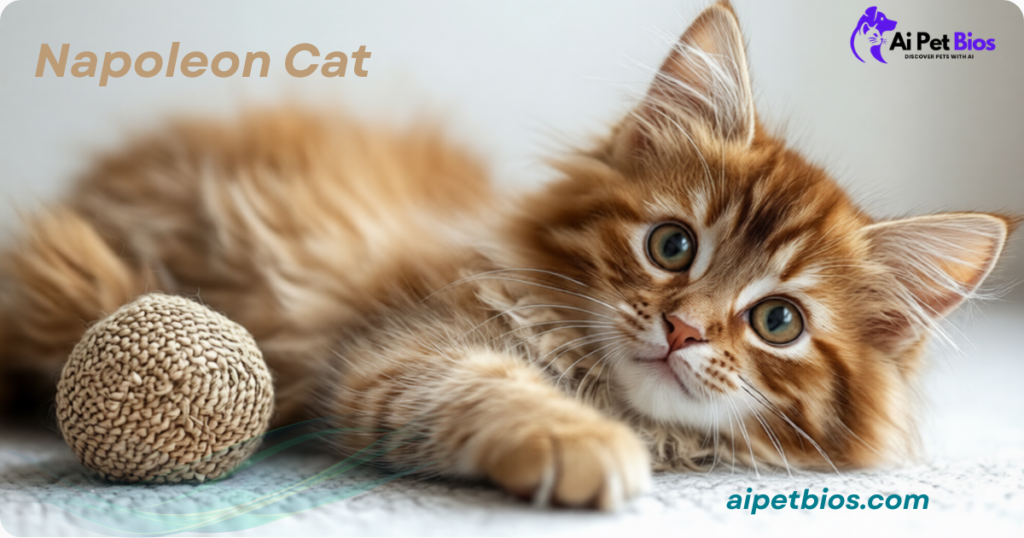 A fluffy brown tabby Napoleon kitten lies on a light surface next to a woven toy ball, looking directly at the camera. Text overlays read: Napoleon Cat, aipetbios.com, and the Ai Pet Bios logo.