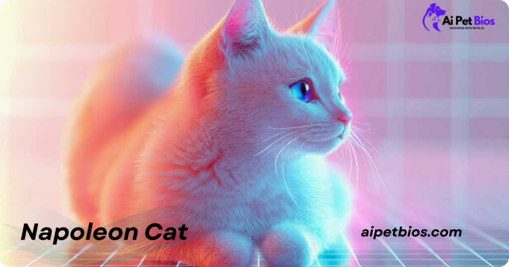 A vibrant, AI-generated digital illustration of a Napoleon cat illuminated by neon pink and cyan lights. Text overlays read: Napoleon Cat, aipetbios.com, and Ai Pet Bios.