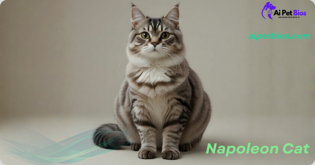 A fluffy grey and white tabby Napoleon cat sits facing forward against a neutral background. Text overlays read: Napoleon Cat, aipetbios.com, and Ai Pet Bios.