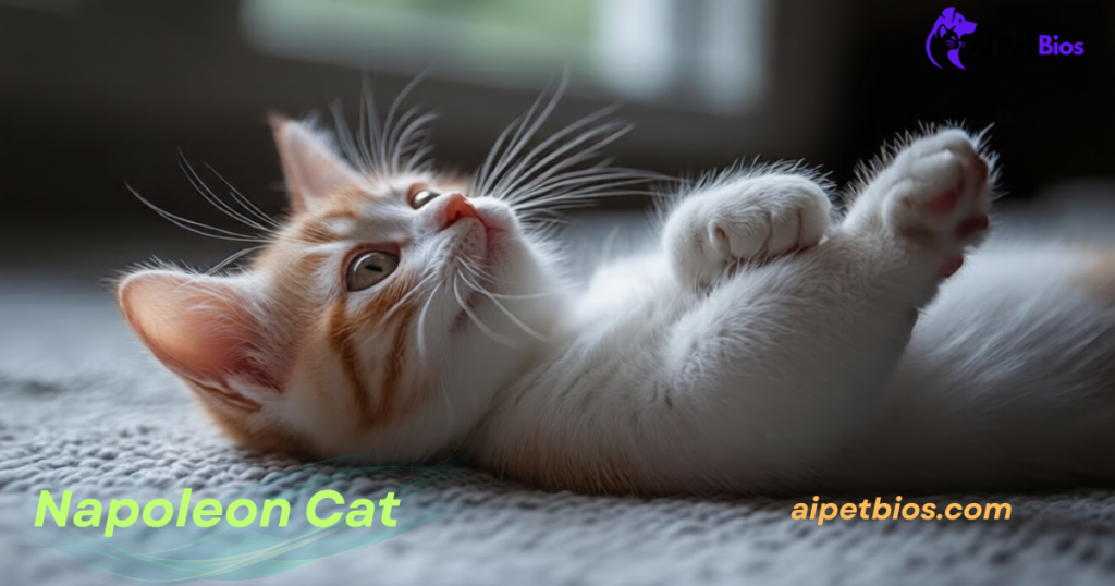 An orange and white Napoleon kitten lies on its back on a textured gray surface. Text overlays read: Napoleon Cat, aipetbios.com, and Ai Pet Bios.