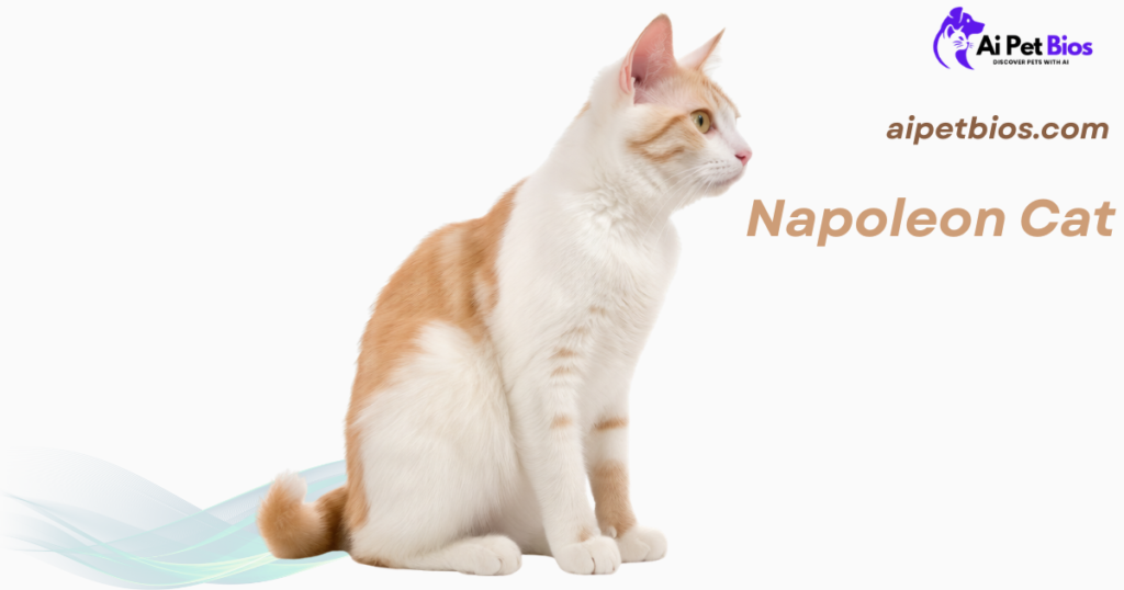 An orange and white Napoleon cat sits in profile against a white background. Text reads: Ai Pet Bios, aipetbios.com, Napoleon Cat.