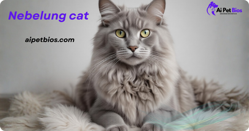 A long-haired Nebelung cat with blue-grey fur and yellow eyes. Text: "Nebelung cat" and "aipetbios.com"