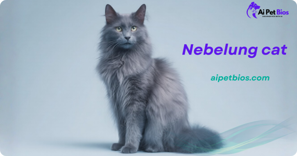 Long-haired blue-grey Nebelung cat sitting elegantly against a light blue background. Text: "Nebelung cat" and "aipetbios.com"