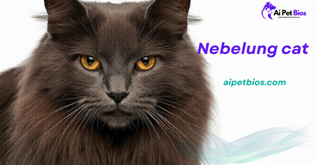 Intense close-up portrait of a dark grey Nebelung cat with striking amber eyes and thick fur. Text: "Nebelung cat" and "aipetbios.com."