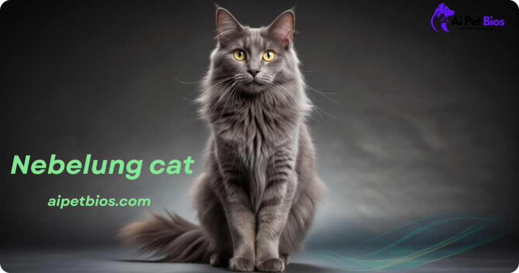 A graceful, adult Nebelung cat with a thick grey coat and yellow eyes sitting against a dark, moody background. Text: "Nebelung cat" and "aipetbios.com"
