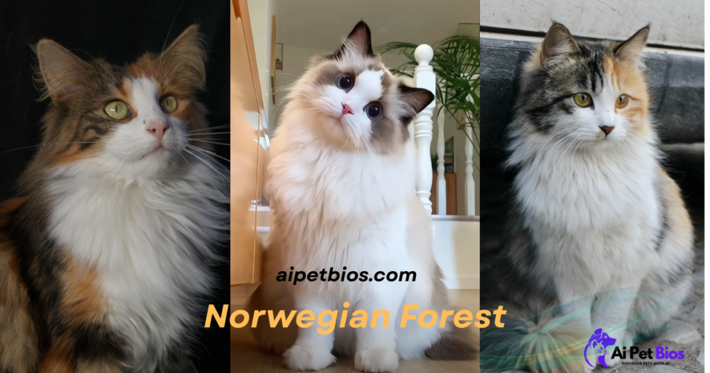 Three side-by-side photos of fluffy cats. Left: calico Norwegian Forest cat. Center: white and tan cat with blue eyes and the text "aipetbios.com Norwegian Forest." Right: calico cat sitting. Bottom right: Ai Pet Bios logo.