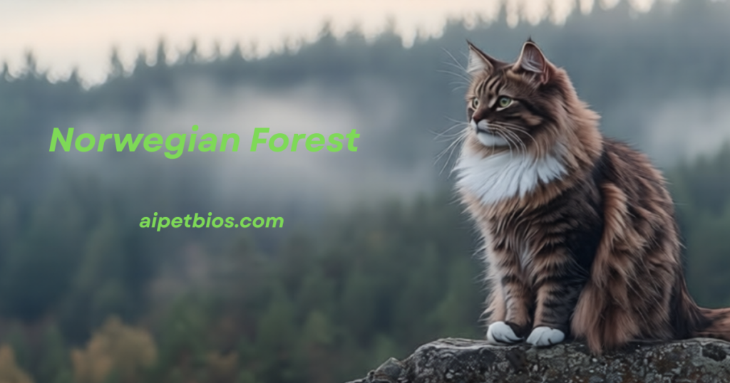 A majestic, long-haired tabby cat with a white chest and paws sits on a rock overlooking a misty, evergreen forest. The lime green text reads "Norwegian Forest" and "aipetbios.com."
